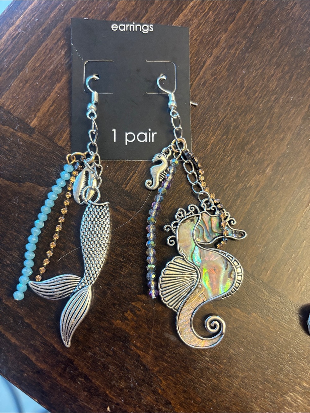 Iridescent Seahorse and Mermaid Tail Drop Earrings - Silver Tone